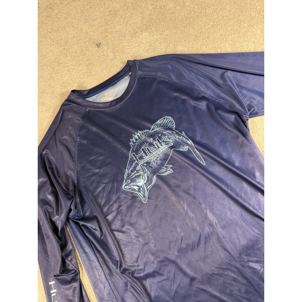 Huk Fishing Shirt Mens XL Navy Blue Long Sleeve Performance Graphic Bass UPF Sun